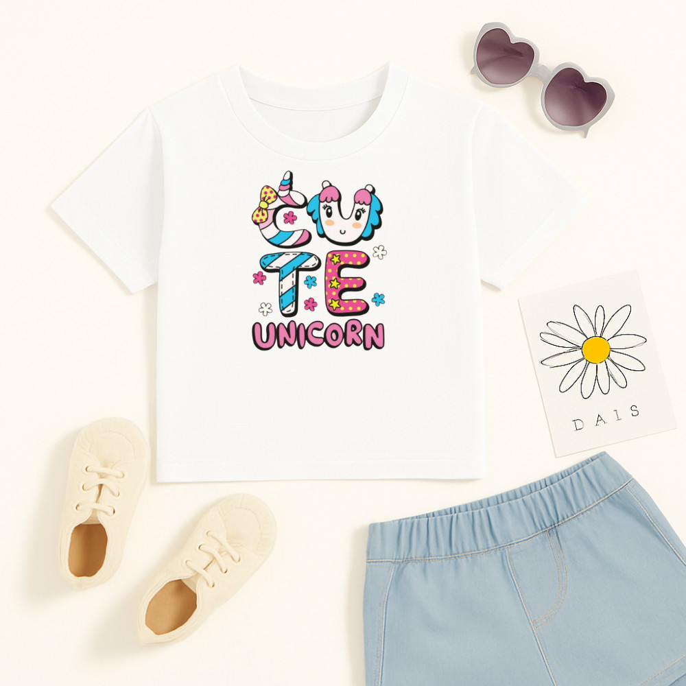 Camiseta Algodão Infantil Estampado Cute Unicorn 917 Modinha Despojada Blusa Feminina Delicada Fofa