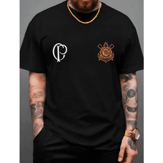 Camiseta 100% Algodão Unissex Futebol Time Corinthians Paulista CP Preta e Branca Casual