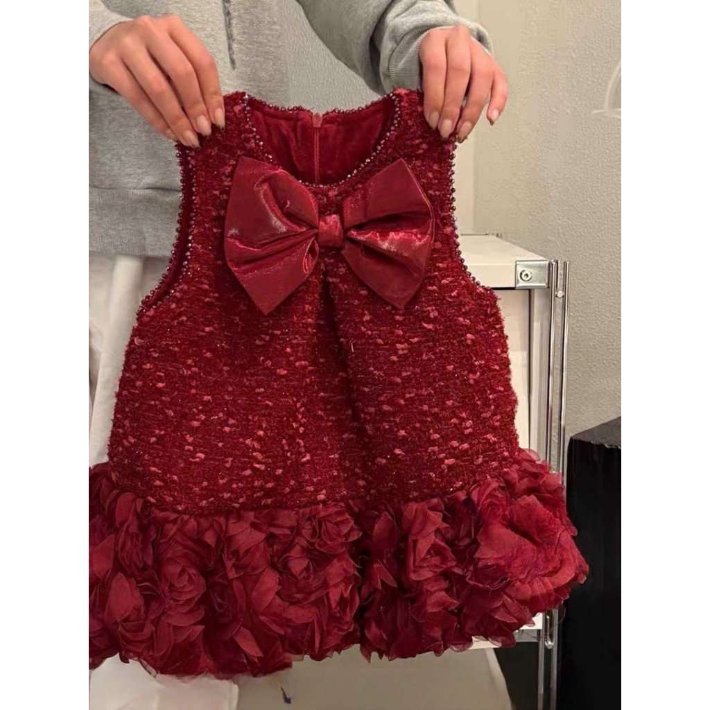 Feminino crianças vestido outono inverno forro de lã bebê arco princesa colete vestido crianças ano novo vestido vermelh