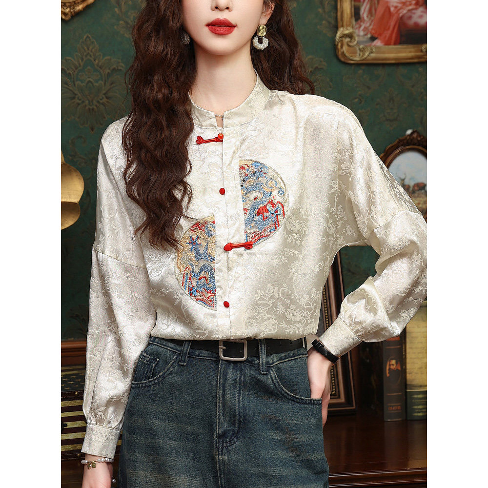 Novo estilo chinês bordado camisa de manga comprida senhoras usar outono novo estilo chinês Jacquard cetim camisa moda T
