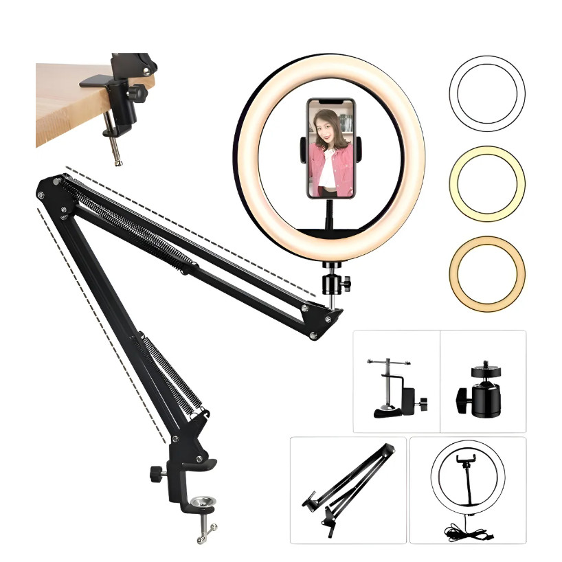 Kit Ring Light 26cm LED 10 Polegadas Com Braço Articulado Grampo de Mesa Suporte Smartphone
