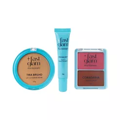 Kit Pó Compacto Tira Brilho + Base 2 em 1 + Blush Duo Coradinha Rosada Fast Glam Ana Hickmann