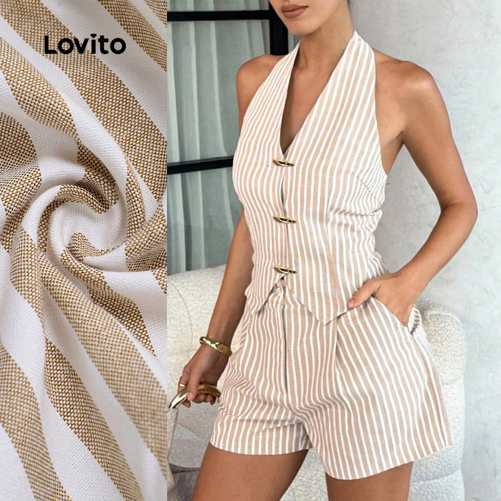 Lovito Conjunto Elegante Blusa Calça Listrada Shorts Fivela Metálica Primavera/verão Calça Marrom Para Mulheres LBL30237 em Oferta na Shopee