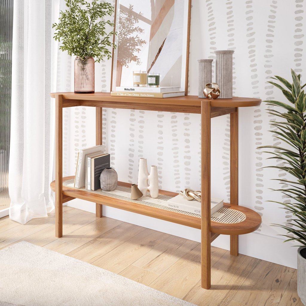 Aparador de Sala de Estar com 2 Prateleiras Madeira Maciça 135cm Cinamomo Lotus Madeira/Cinamomo