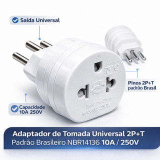 Kit Adaptador de Tomada Universal 2P+T 10A Bivolt Conversor de Plug Internacional Para Viagem