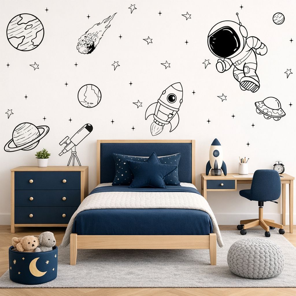Adesivo parede Infantil astronauta galáxia universo foguete planetas estrelas II em Oferta na Shopee