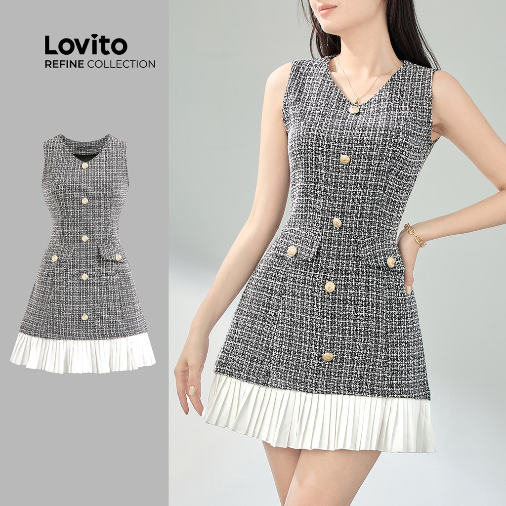 (Lovito Refine) Vestido Elegante Com Tecido Xadrez E Costura Plissado Para Verão/primavera Para Mulheres LR4ED030