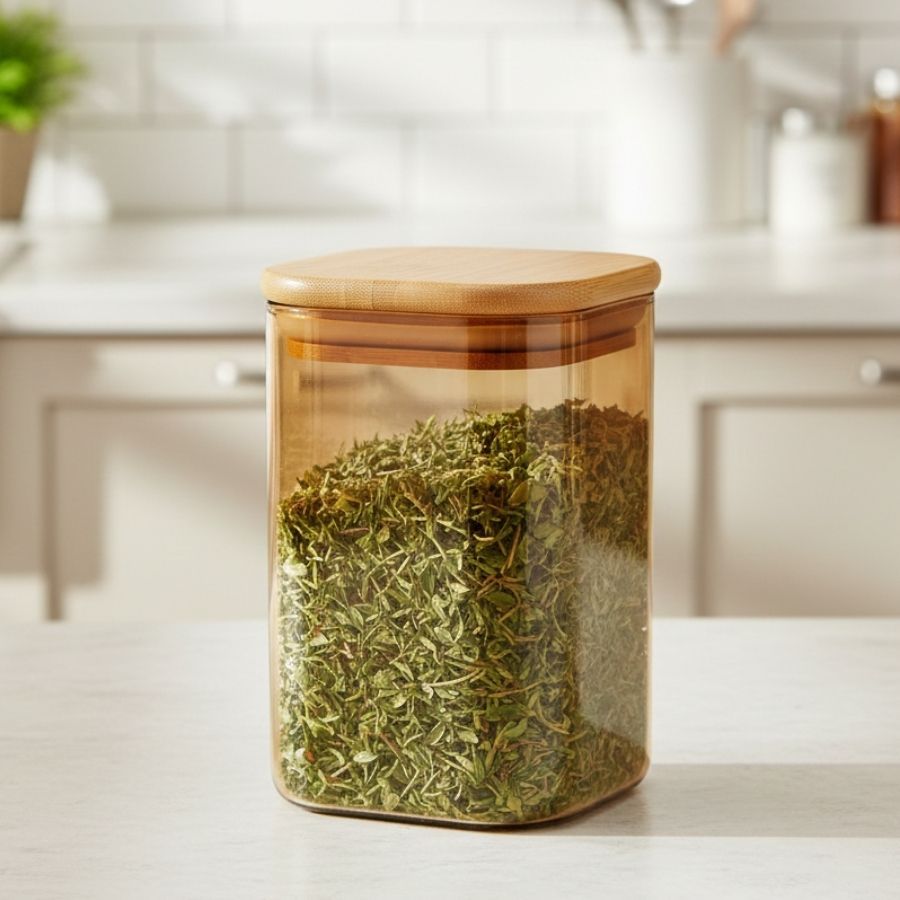 Pote de Vidro Âmbar Hermético com Tampa de Bambu - 6x10cm - 225ml - 1 unidade - Rizzo