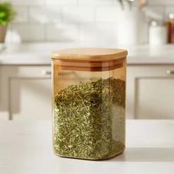 Pote de Vidro Âmbar Hermético com Tampa de Bambu - 6x10cm - 225ml - 1 unidade - Rizzo