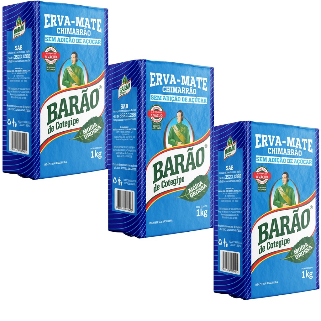 Kit 3 PCTS  Erva Mate Barão Moída Grossa 1kg CADA a vácuo Sem Açúcar