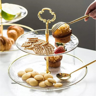 Prato Duplo Para Doces Cup Cake Cristal Acrílico ou Metal 2 Andares Luxo Dourado Suporte em Metal