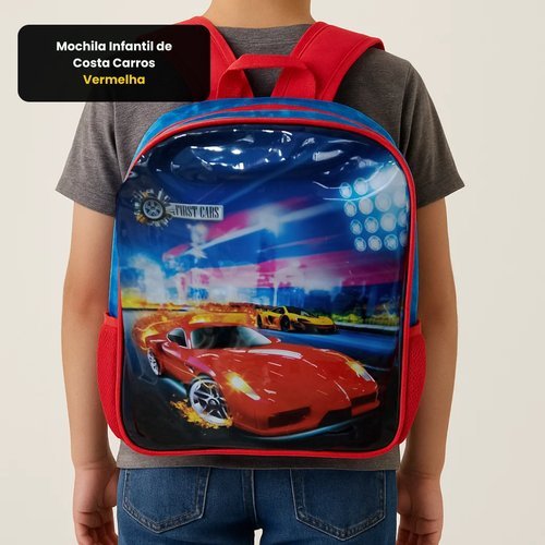 Mochila Escolar Infantil Estampada Carros Vermelha Resistente Leve