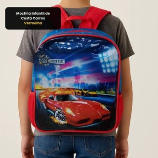 Mochila Escolar Infantil Estampada Carros Vermelha Resistente Leve