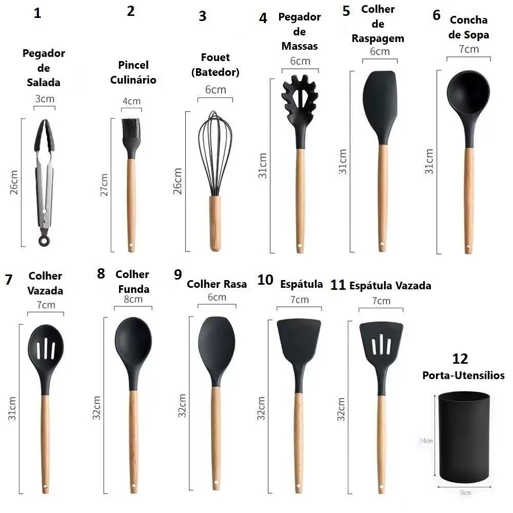 Kit Utensílios de Cozinha Silicone 12 Peças Completo Antiaderente Resistente com Suporte
