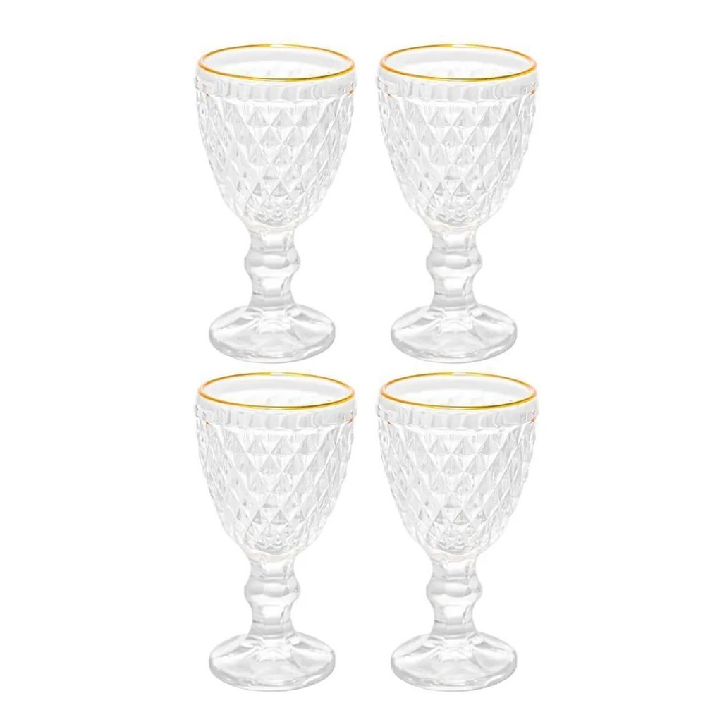 Jogo 4 Taças Licor Lyor Bico Abacaxi Vidro Fio De Ouro 60ml