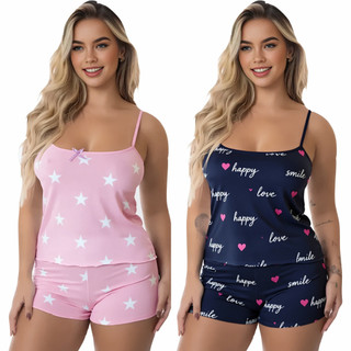 Kit 4 Peças (2 Conjuntos) Pijama Feminino Baby Doll 2 Shorts + 2 Blusas