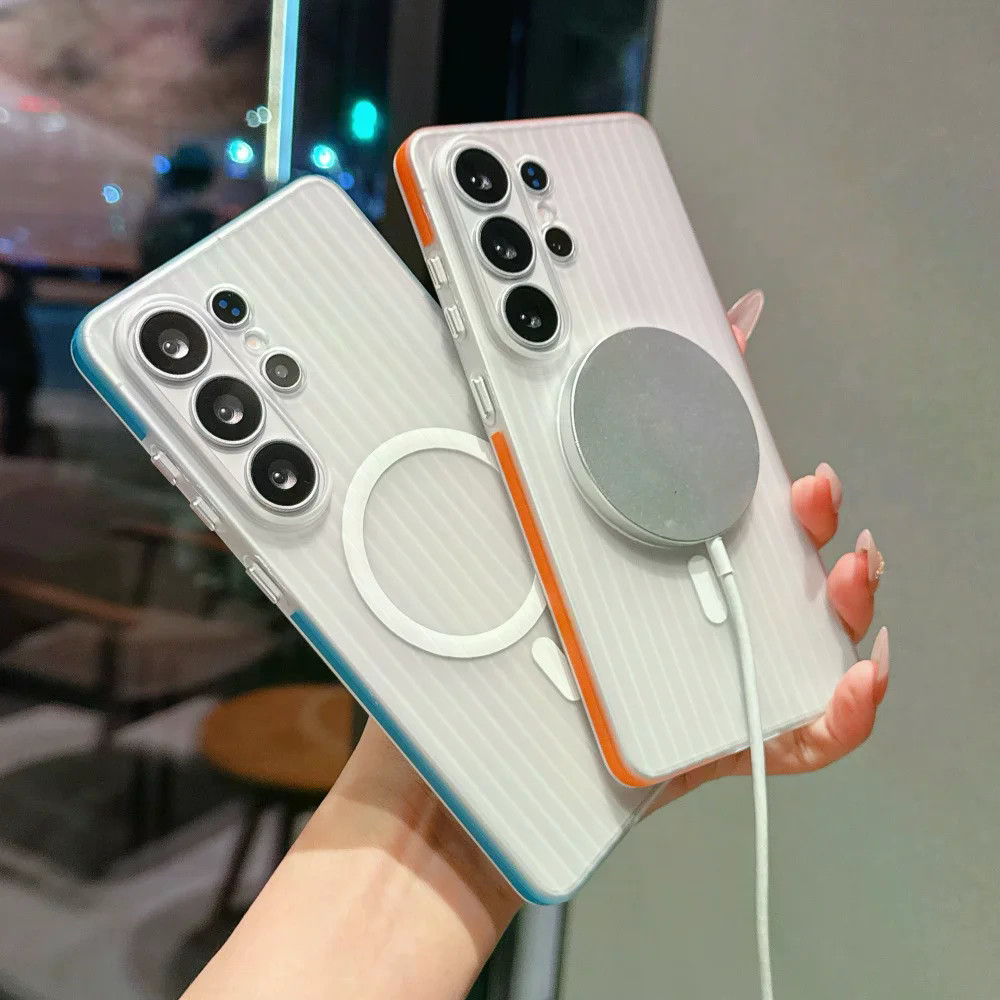 Capa De Telefone Magnética Transparente Com Listras 3D Para Samsung Galaxy S24 S25 S26 Ultra Plus Slim Protetora À Prova