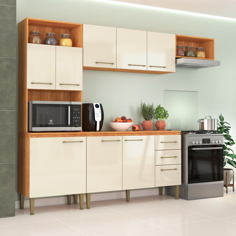 Armário de Cozinha Completa Suspensa 9 Portas 2 Gavetas Malu CL16 Cor Cinamomo/Off White - Fellicci