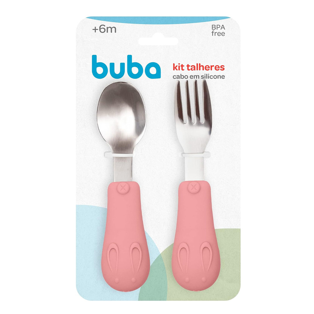 Kit Talheres Colher/Garfo Cabo Silicone Buba Coelhinho Rosa