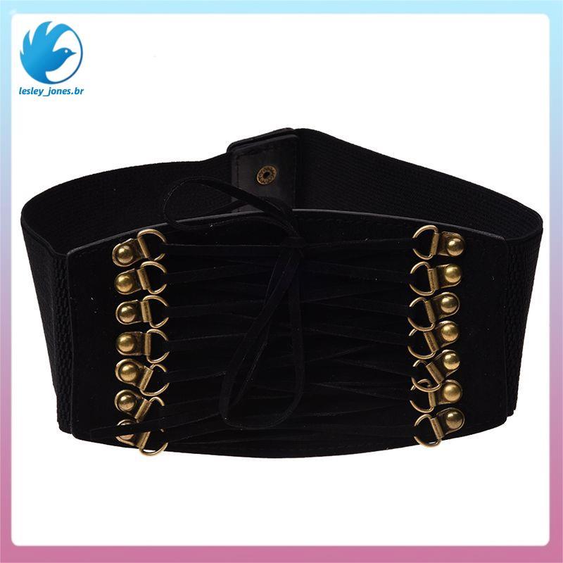 [lesley_jones.br] Cinto Feminino Com Fivela Elástica E Rebite , Cintura Larga (Preto)