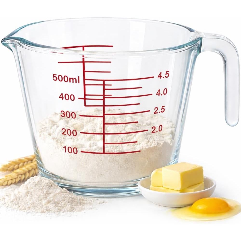 Jarra Medidora de Vidro 500ml com Alça e Bico – Marcações em ml e Xícaras, Vidro Resistente