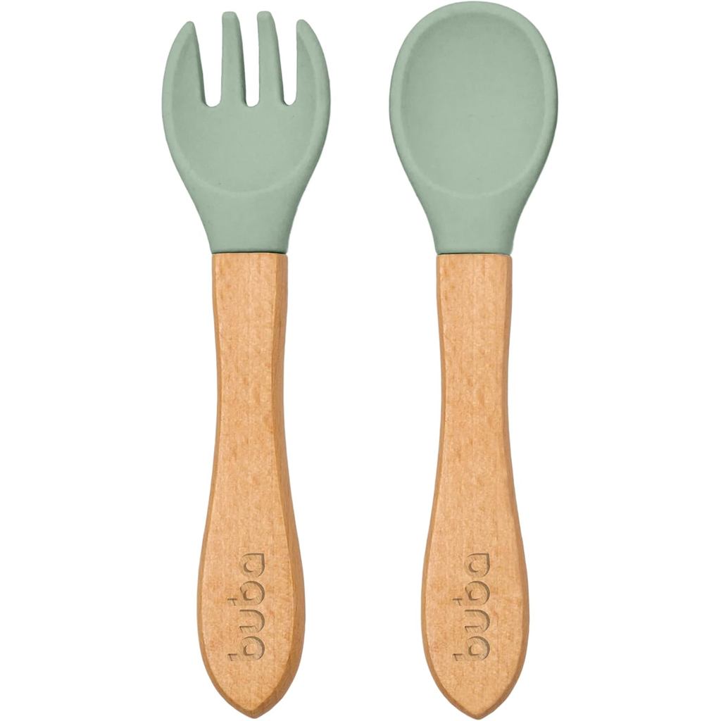 Kit Talheres Infantil Bambu c/ Cabo em Silicone - Verde - Buba