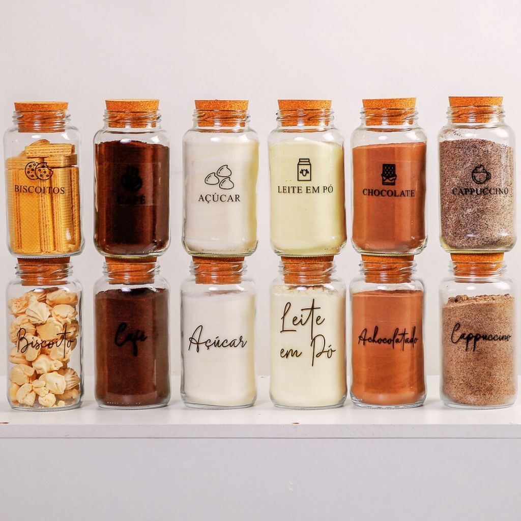 Kit Cantinho do Café - ESCOLHA SEU KIT - Potes de Vidro 830 ml com Tampa de Cortiça + Adesivos Opic