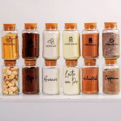 Kit Cantinho do Café - ESCOLHA SEU KIT - Potes de Vidro 830 ml com Tampa de Cortiça + Adesivos Opic