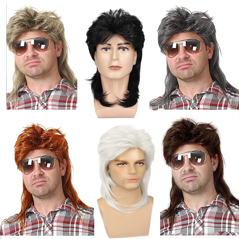 Peruca masculina Mullet peruca marrom cabelo encaracolado 80s Retro Cosplay conjunto de peruca de Halloween