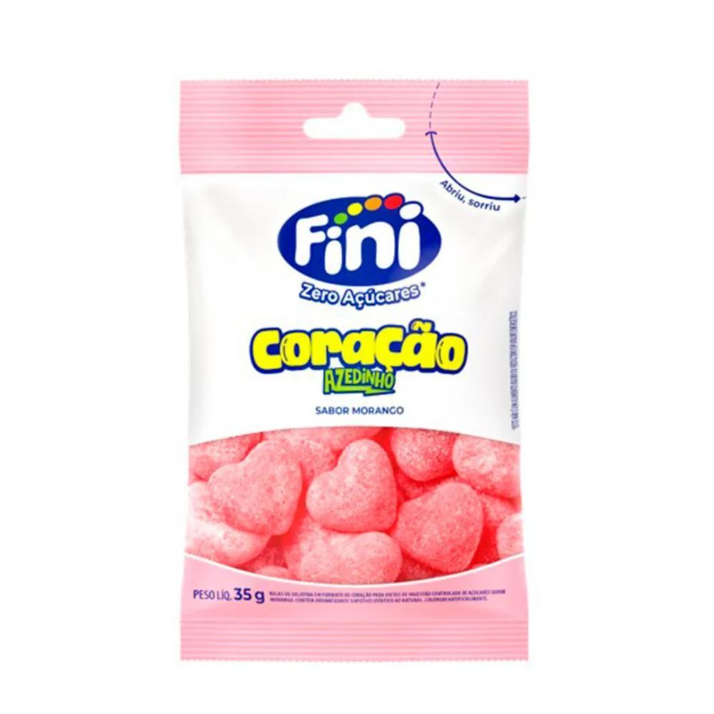 Bala Fini Coração Azedinho Zero Açúcares Sabor Morango 35g em Oferta na Shopee