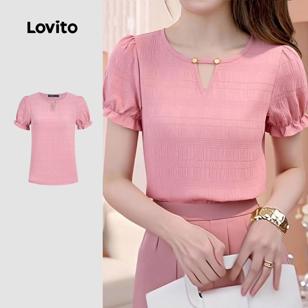 Lovito Elegante Blusa Plissada com Recortes Plissados Primavera/verão Blusa Rosa para mulheres. L177ED344