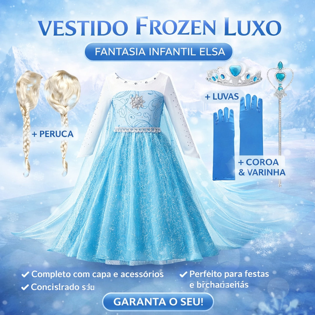 Vestido Frozen Luxo Fantasia Infantil Elsa Com Capa Acessórios Peruca em Oferta na Shopee