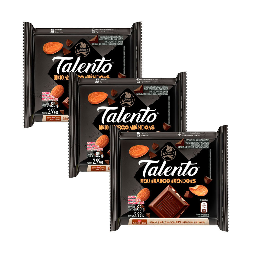 Kit 3 Chocolate Garoto Talento Meio Amargo com Amêndoas 85g em Oferta na Shopee