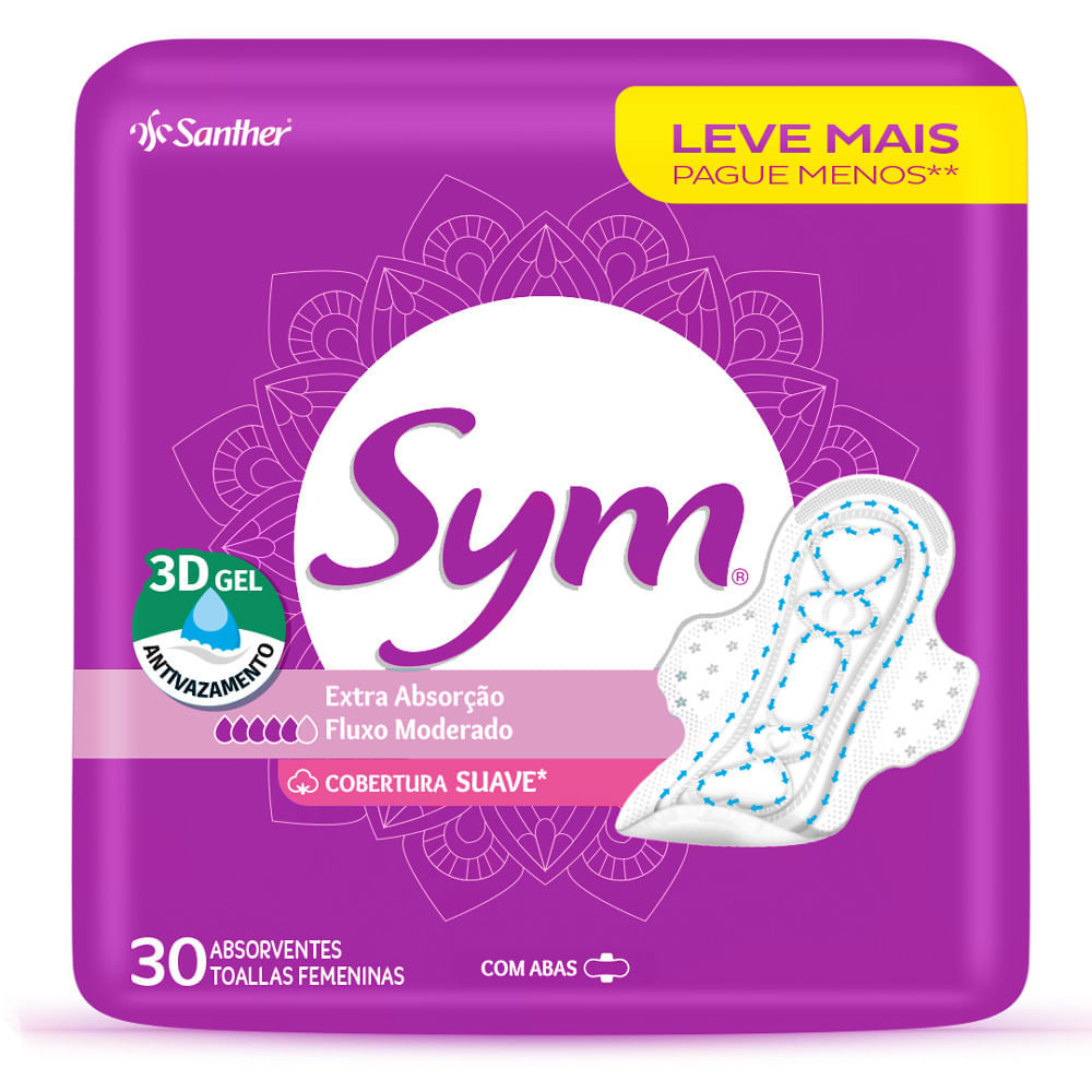 Absorvente Sym Cobertura Suave 3D Gel Fluxo Moderado Com Abas com 30 Unidades Leve Mais Por Menos em Oferta na Shopee