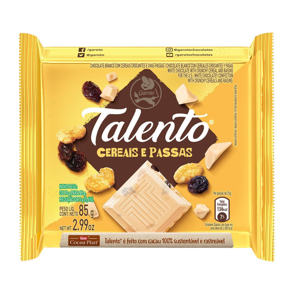 Chocolate Garoto Talento Branco com Cereais e Passas 85g em Oferta na Shopee