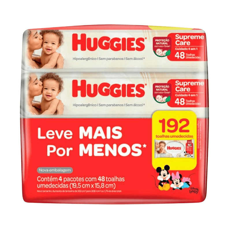 Kit Lenço Umedecido Huggies Disney Baby Supreme Care Proteção Natural Hipoalergênico Sem Álcool 48 unidades 4 pacotes
