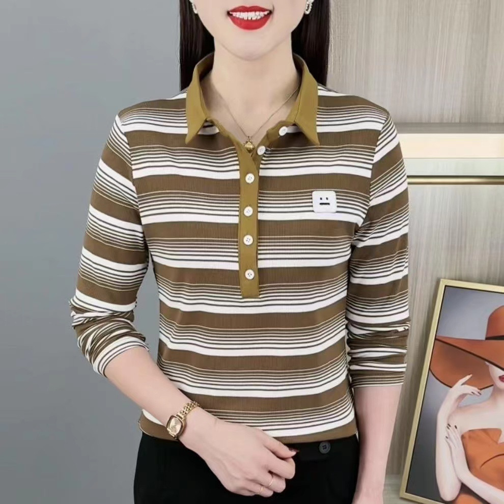 Camiseta de manga comprida feminina primavera outono novo estilo mãe estilo ocidental lapela camisa polo moda redução de