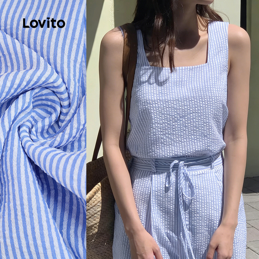 Lovito Macacão Casual de Renda com Amarração Primavera/verão Macacão Azul para Mulheres L155AD1294