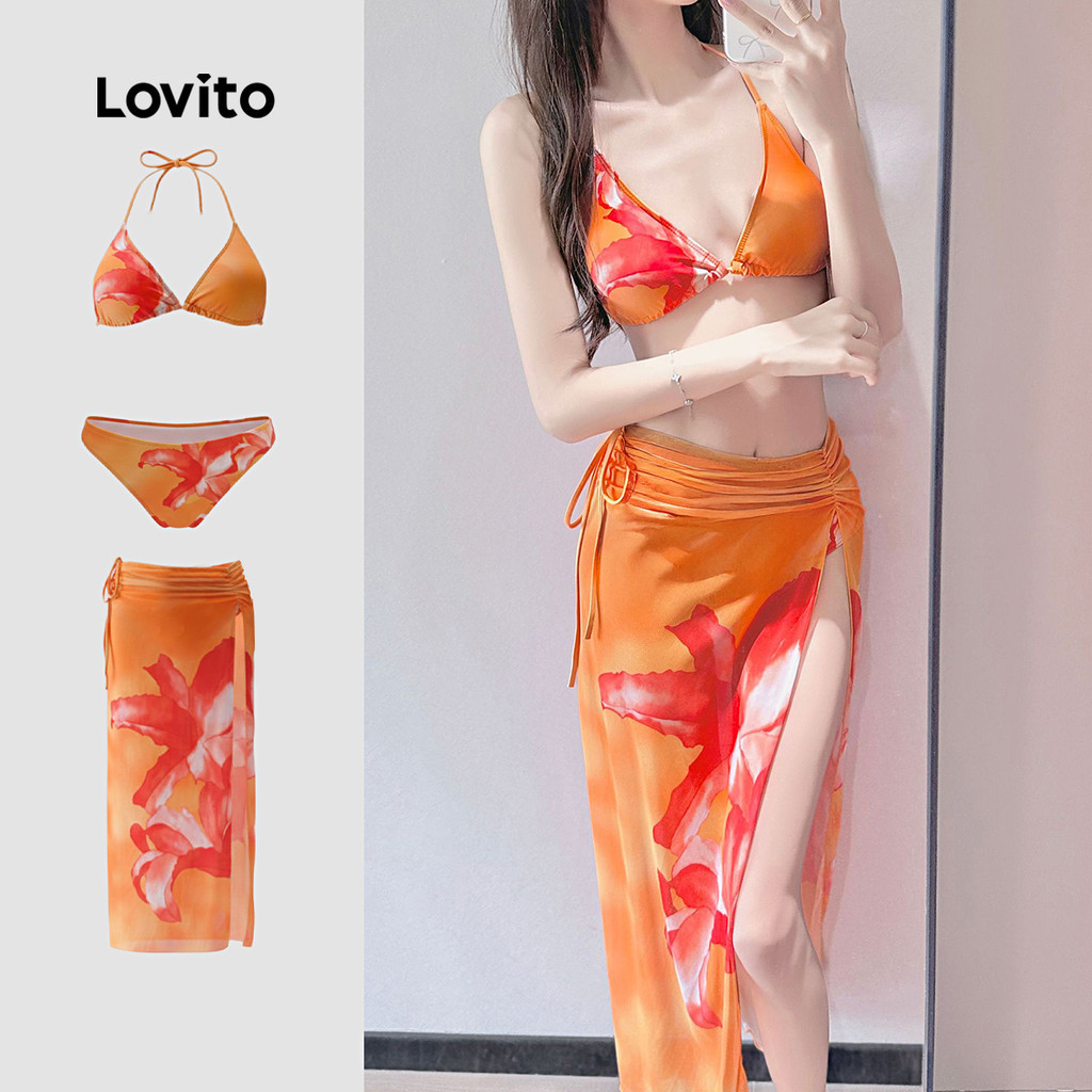 Lovito   Conjuntos de Biquíni Sexy 3 peças Padrão Amarração Conjuntos de Biquíni Laranja Coral P/M LNE134094 em Oferta na Shopee