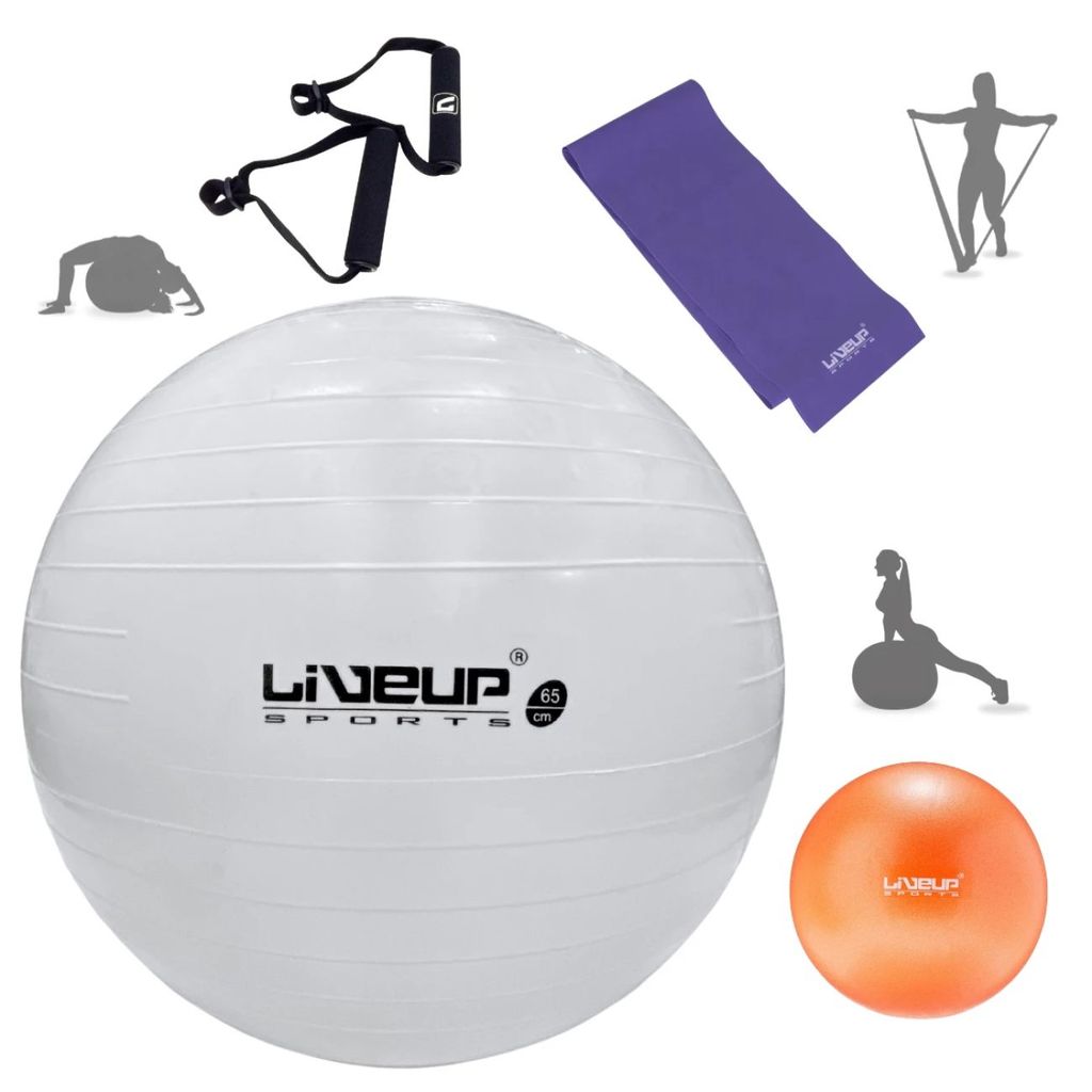 Kit Bola Suíça Ginastica Branca 65 Cm + Puxador + Faixa Elástica Media + Overball 25cm Academia Yoga