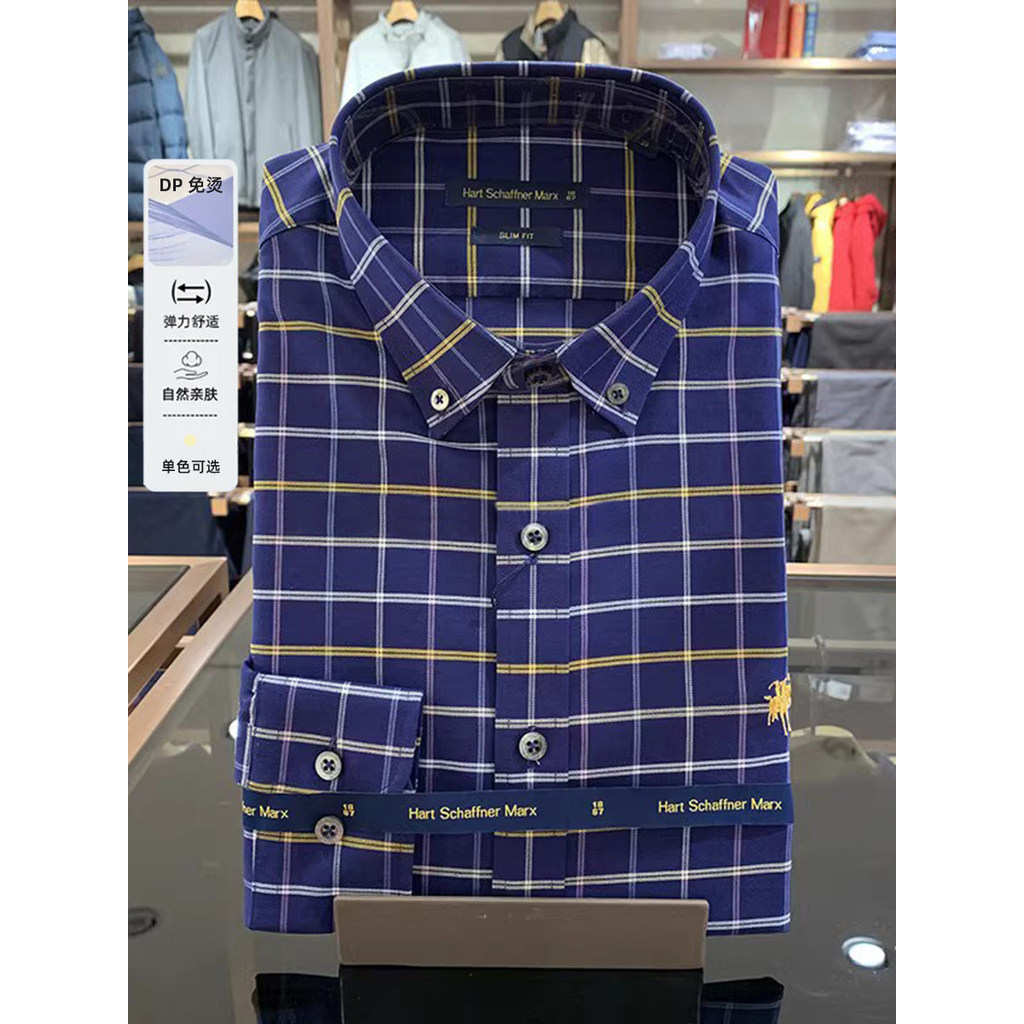 Yagoer HSM Camisa masculina de manga comprida de algodão elastano Micro-elástico sem ferro verificado camisa Slim Fit 16