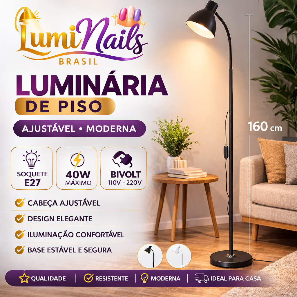 Luminária de Piso Ajustável E27 40W Bivolt Abajur de Chão Moderno para Sala Quarto Leitura