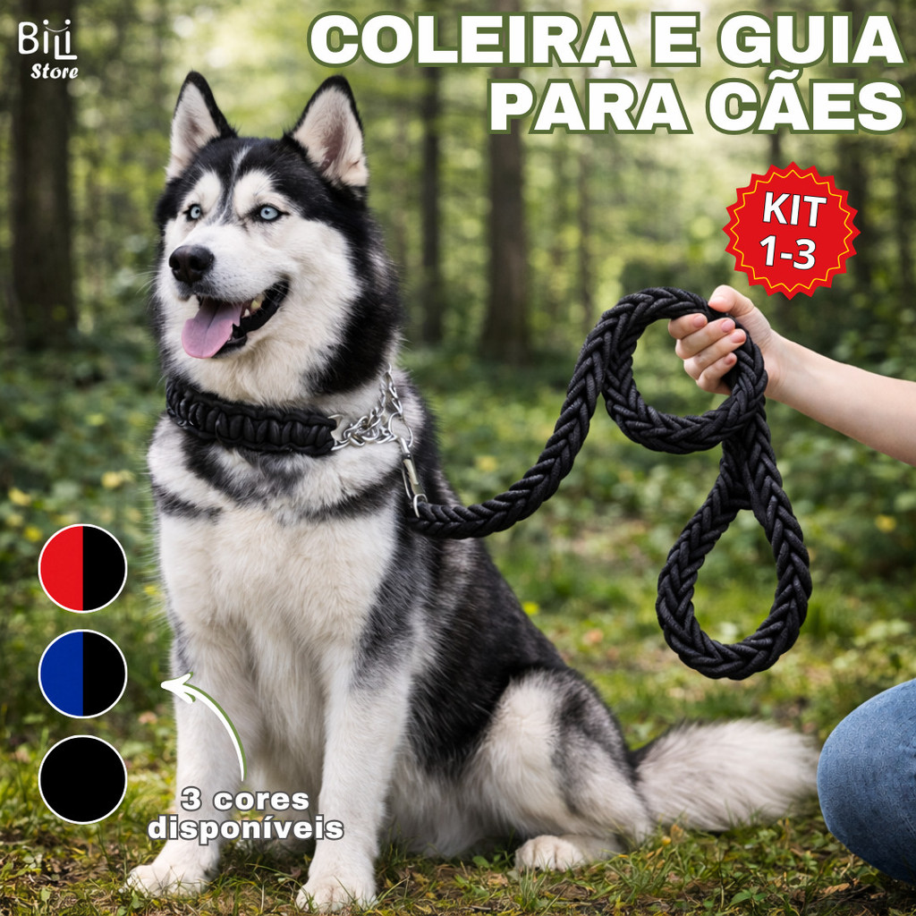 Coleira e Guia para Cães Nylon Traçacada de Oito Fios Corda Grande Pequeno, Médio e Grande Porte
