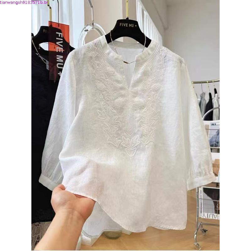 Posery csa de manga comprida bordada com decote em V feminina 2025 outono temperamento simples Commuter Casual All-Ma