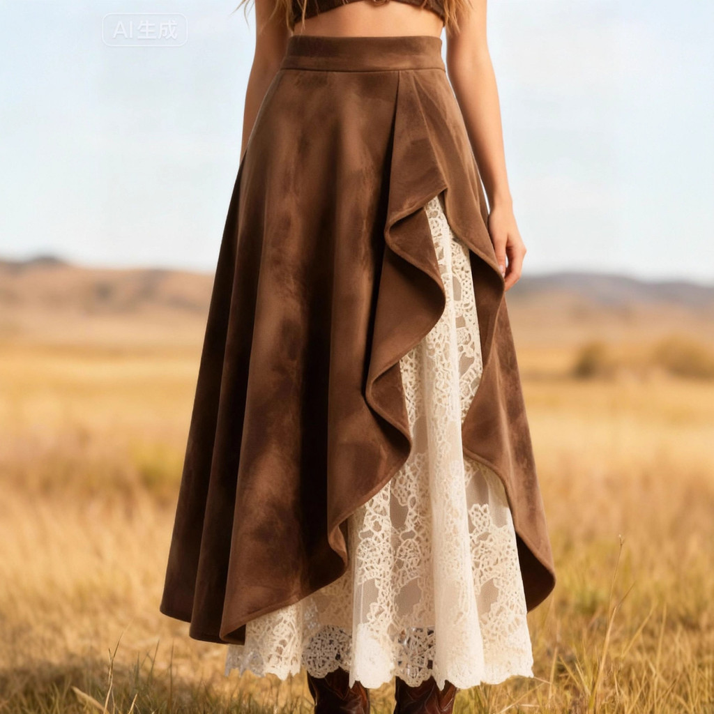 Vintage Marrom Camurça Renda Retalhos Maxi Saia Feminina Cintura Alta Plissado A Linha Boho Estilo Ocidental