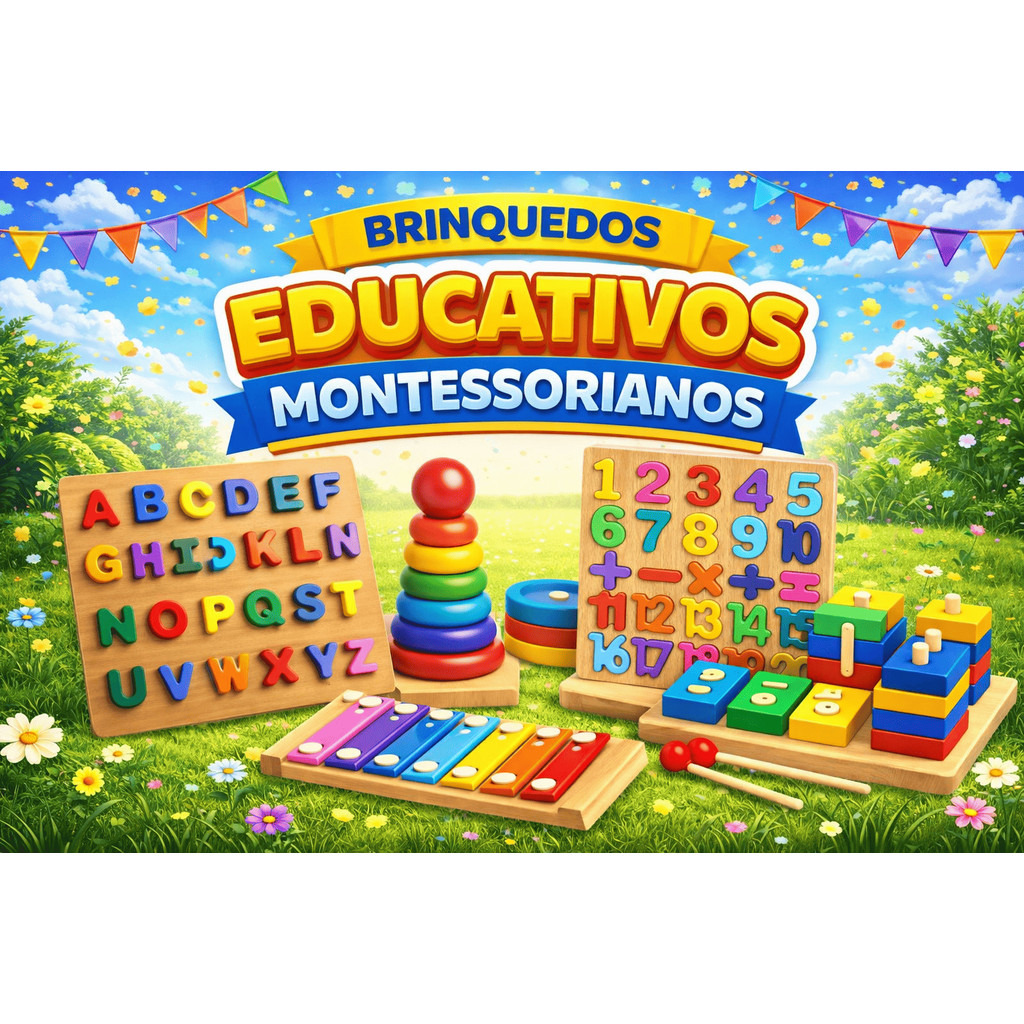 Kit 4 ou 5 Brinquedos Montessori de Madeira Torre de Encaixe Xilofone Sensorial Didático Alfabeto