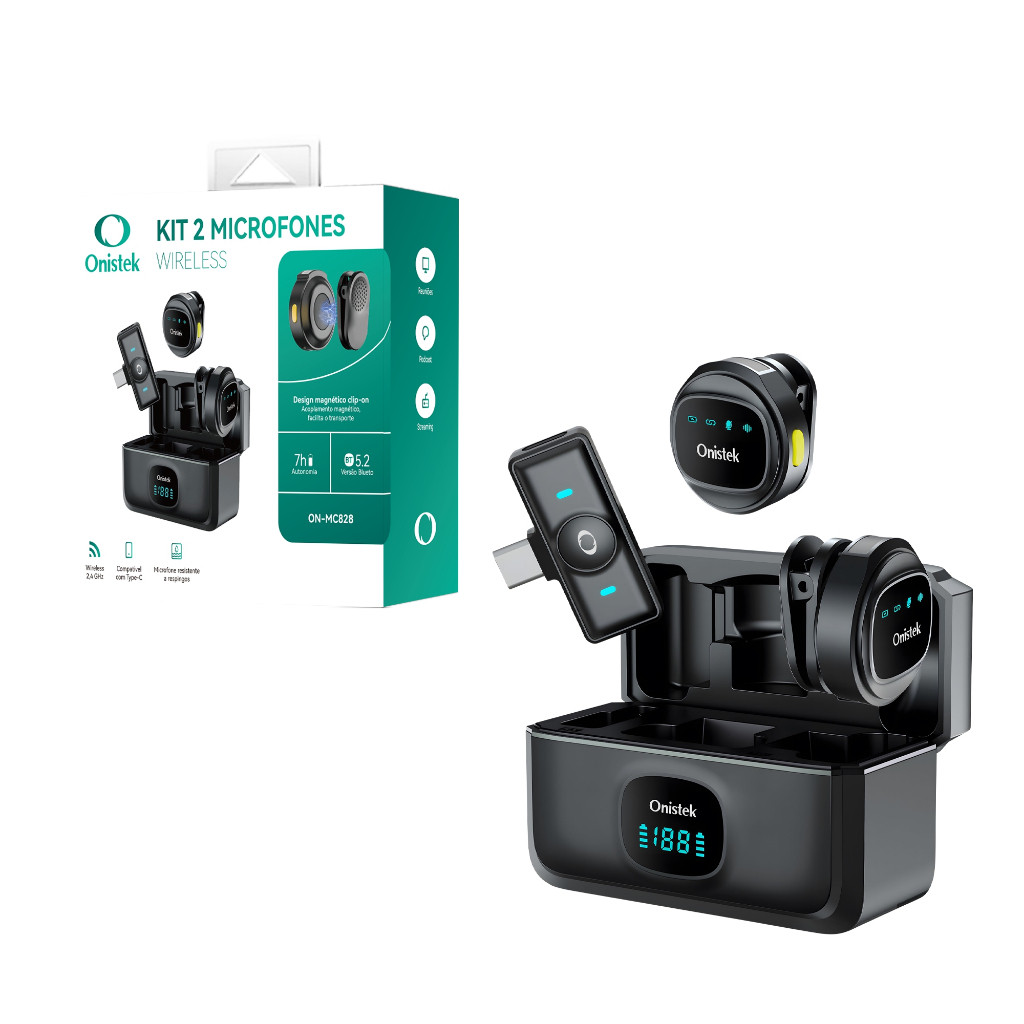 Kit 2 Microfones Sem Fio Lapela Bluetooth 5.2 Profissional iPhone Android USB-C Lightning Onistek em Oferta na Shopee