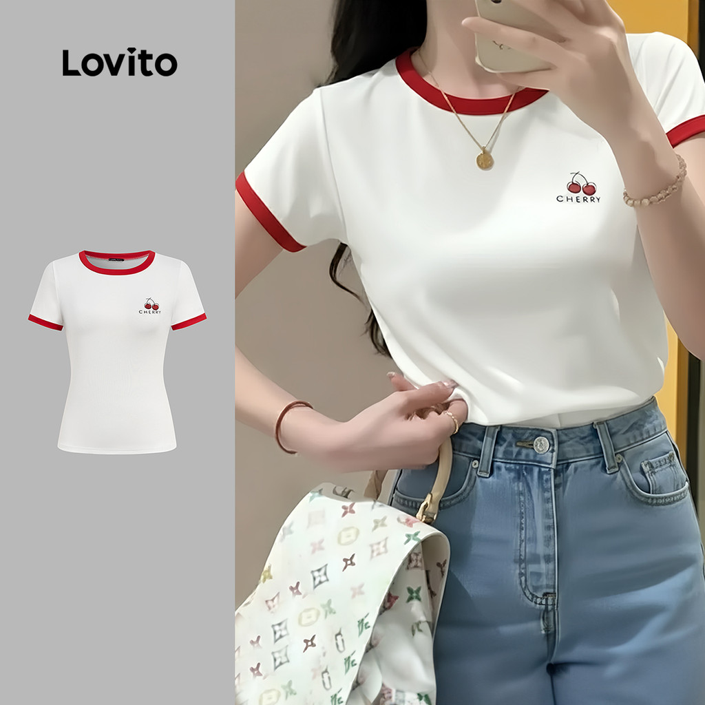 Lovito Manga Curta Camiseta Casual Colorblock Branca Para Mulheres Para Primavera E Verão L177ED029