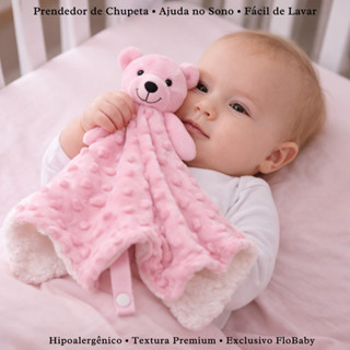 Naninha Bebê Premium Hipoalergênica Flobaby - Ursinho Pelúcia Paninho Dormir Rosa Prendedor Chupeta em Oferta na Shopee