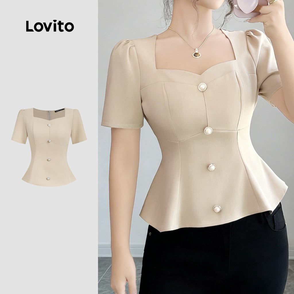 Lovito Elegante Blusa Babado Bainha Primavera/verão Blusa Cáqui para mulheres L1